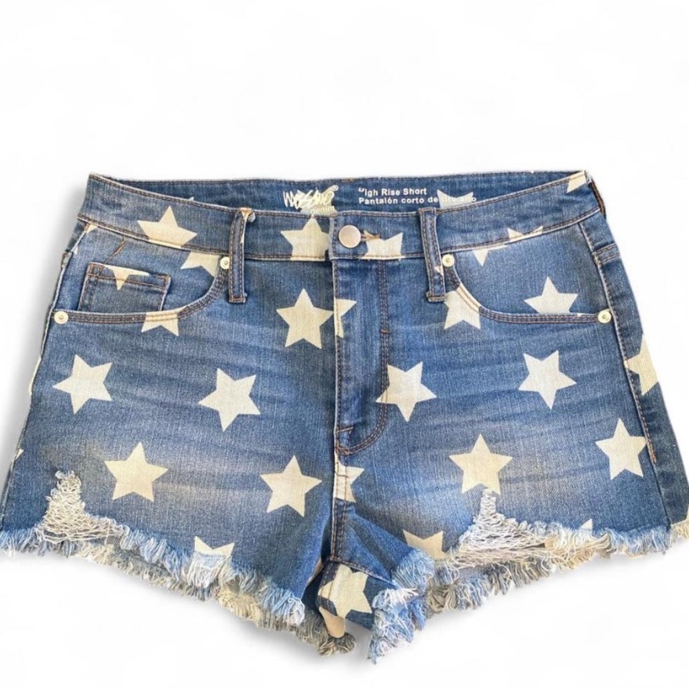 High-Rise Star Print Denim Shorts - Blue